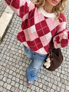 Multicolor Casual Women's Plaid Raglan Loose Round Neck Pullover Sweater